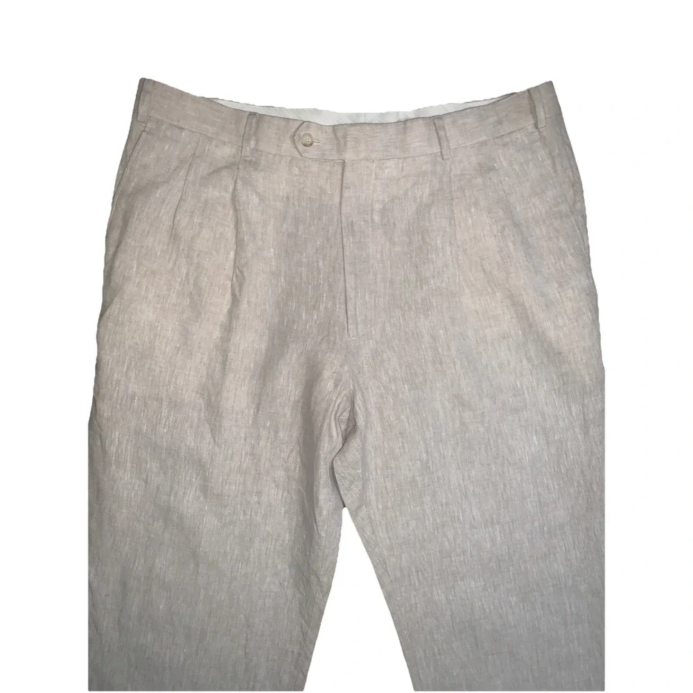 Haspel Linen Pants Oxford Dress Mens 38R Pleated Cuffed Beige Tan Summer Preppy